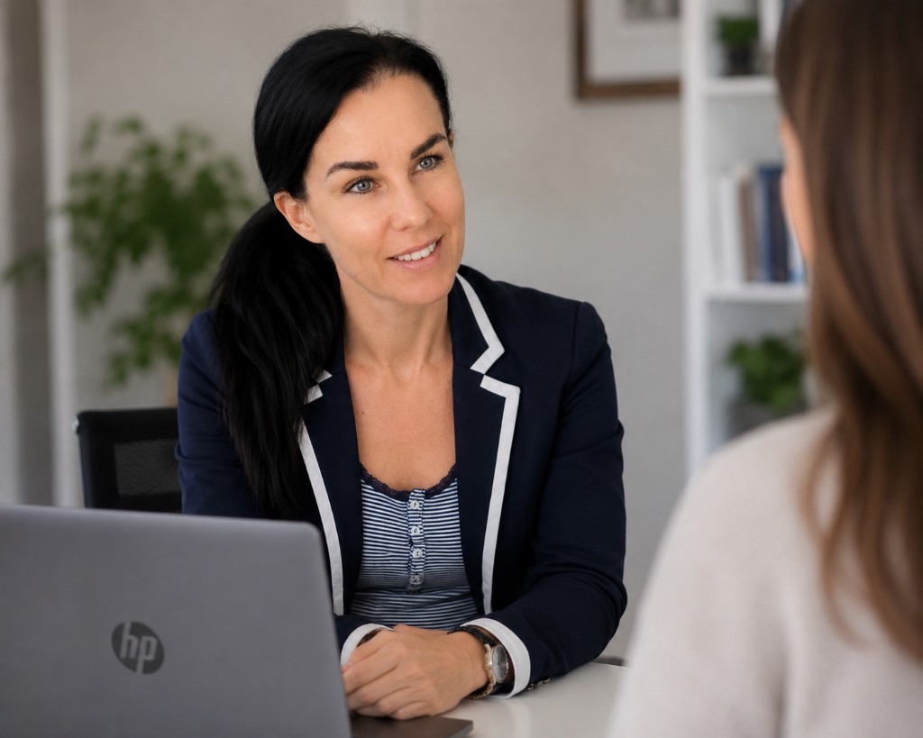 Stefanie Peter im Beratungsgespräch mit Laptop
